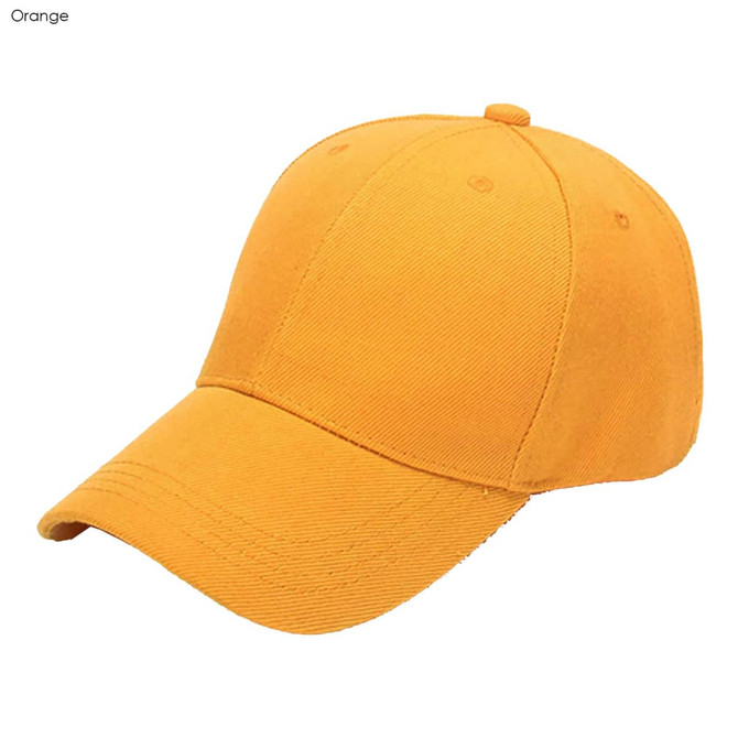 An orange six-panel heavy acrylic cap featuring a curved brim and a branded logo.