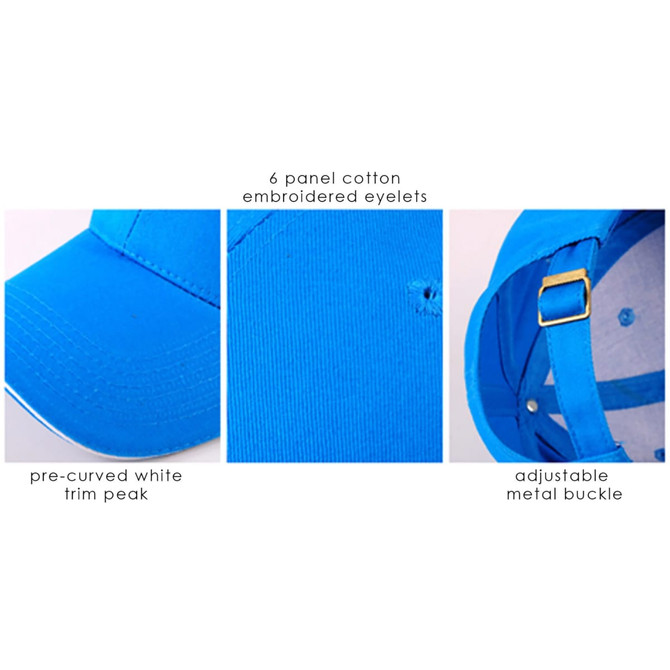 A blue 6 panel cotton cap featuring embroidered eyelets, a pre-curved peak, and an adjustable metal buckle.