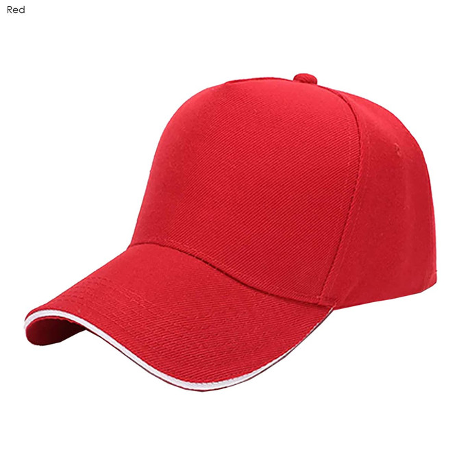 A red heavy cotton sandwich cap featuring a logo and a structured five-panel design.