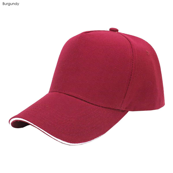 A burgundy heavy cotton sandwich cap with a curved brim and a contrasting trim, featuring a logo.