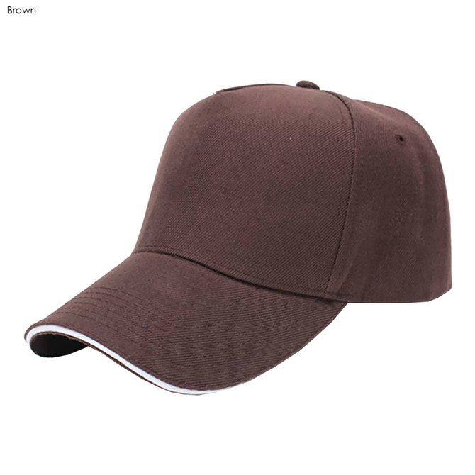 A brown cap with a sandwich peak and a logo, featuring a classic five-panel design.