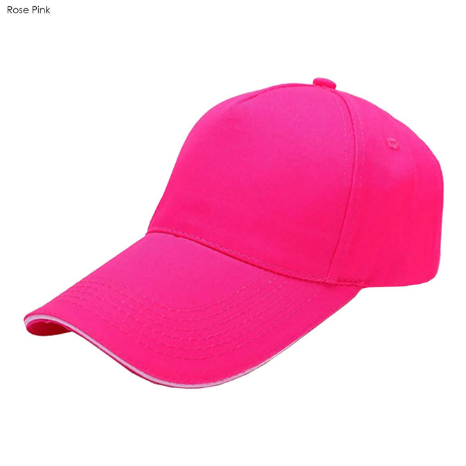A rose pink heavy cotton sandwich cap with a curved brim and a logo on the front.