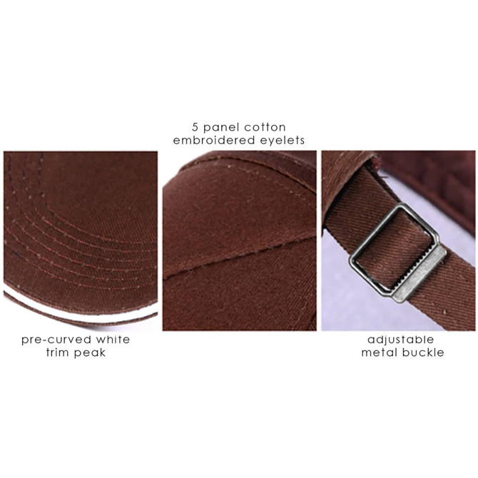 A brown five-panel heavy cotton cap featuring embroidered eyelets, a pre-curved white trim peak, and an adjustable metal buckle.