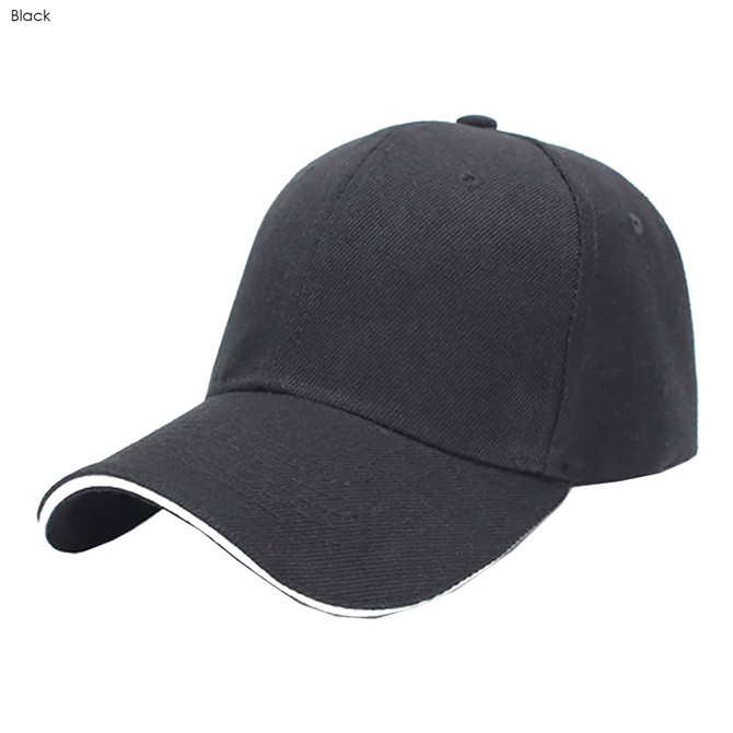 A black six-panel cotton cap with a sandwich visor and a logo on the front.