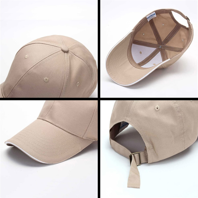 A beige six-panel cotton cap with a white brim, featuring a strap at the back and an inner lining.