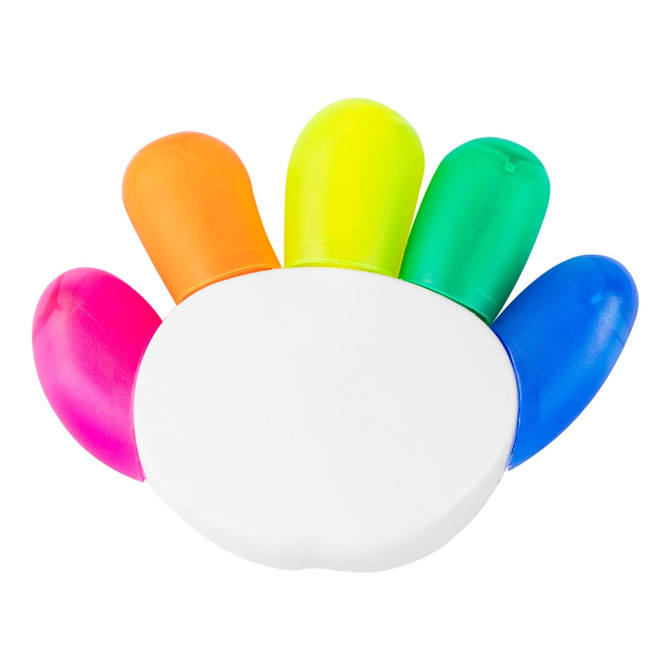 A highlighter set in the shape of a hand with orange, yellow, green, blue, and pink tips, featuring a white base.