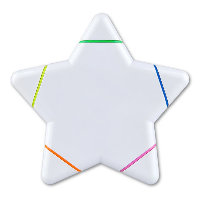 A star-shaped highlighter with sections in green, blue, orange, and pink. The body is white and features a logo.