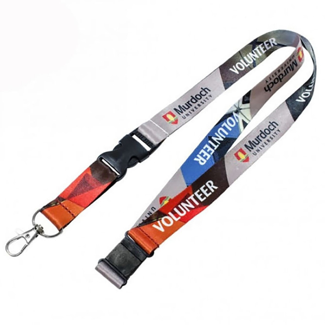 A 20mm full colour lanyard featuring a logo and the word "VOLUNTEER," with a clip fastening.