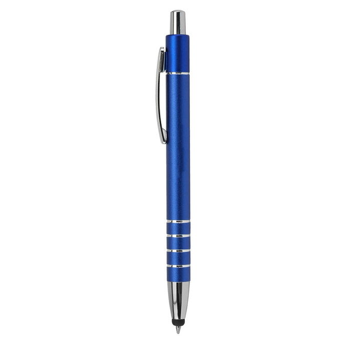 A blue metal stylus pen with a chrome tip and clip, featuring three decorative lines near the barrel.