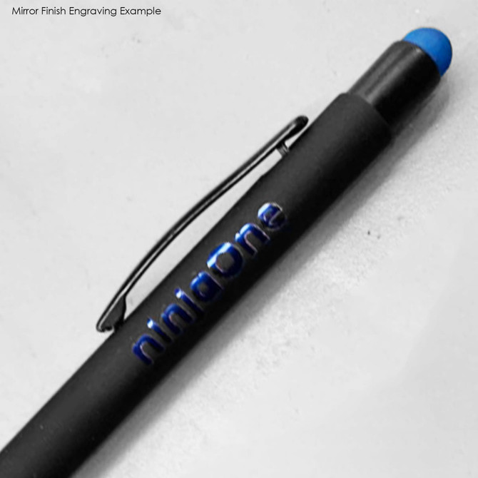 A black stylus pen with a blue tip, featuring a clip and a branding logo.