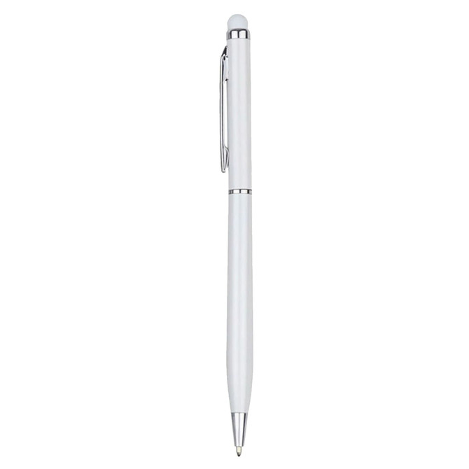 A white stylus pen with silver accents and a clip, featuring a rounded tip for touchscreen use.