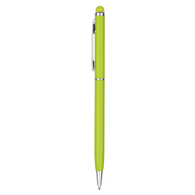 A green stylus pen with a shiny clip and tip. It features a smooth finish and a branding logo.