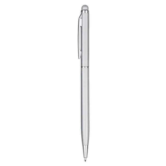 A silver stylus pen with a sleek design, featuring a clip and a rounded top. It includes a logo.