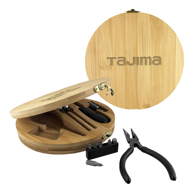 A bamboo toolkit with various tools, including pliers and screwdriver bits, in a circular wooden case featuring a logo.