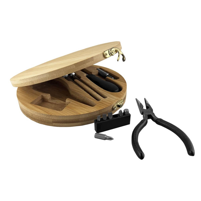 A round bamboo toolkit featuring pliers, screwdrivers, and bits, with a hinged lid and a logo.