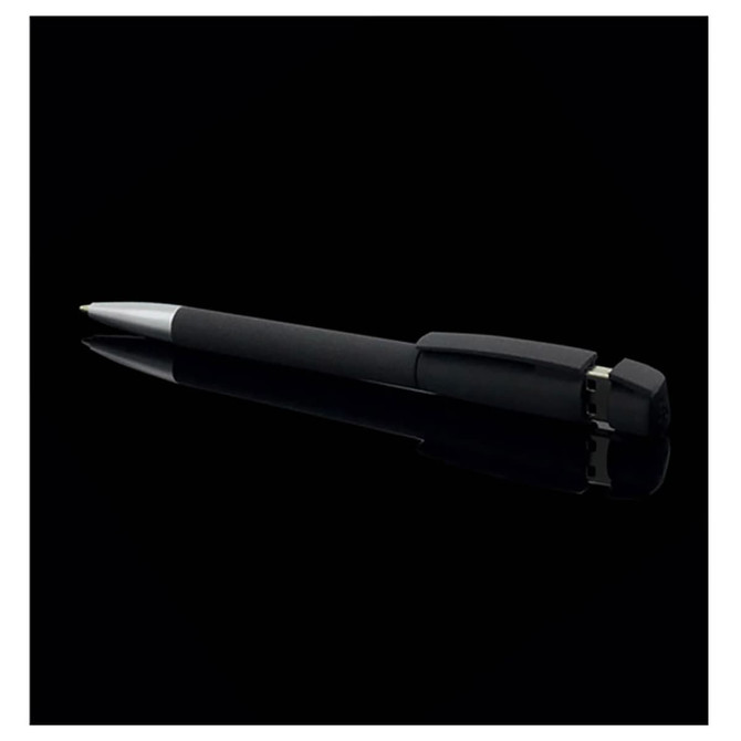 A black USB pen with a soft grip and a silver clip, featuring a logo on the side.