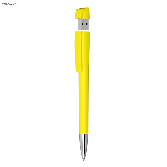 A yellow USB pen with a 16GB metal tip and a logo on the side.