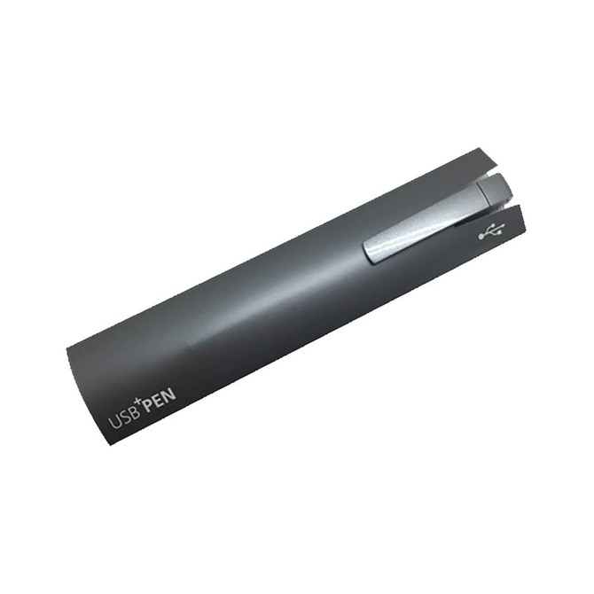 A metallic silver USB pen with a sleek design and a logo, featuring a USB connector on one end.