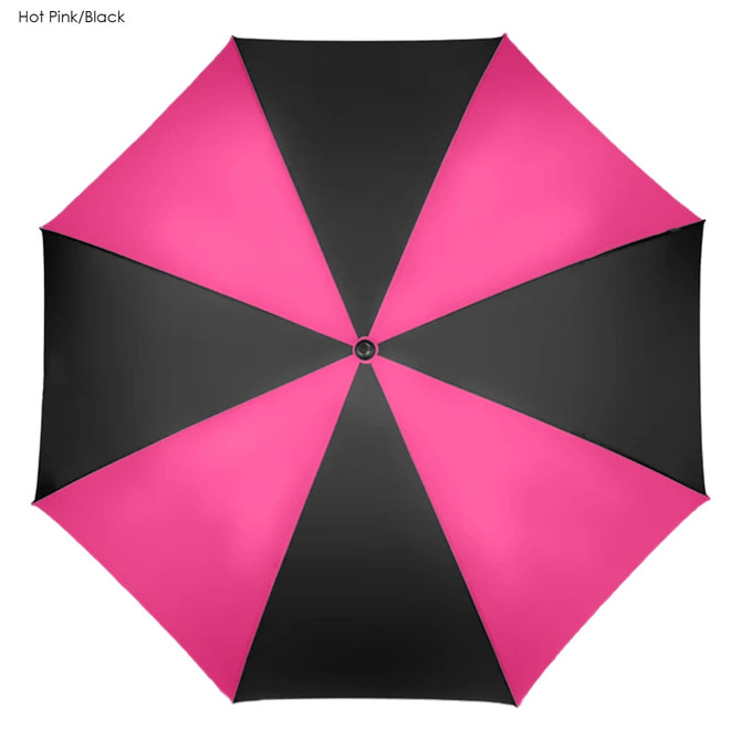 A golf umbrella in hot pink and black, featuring a modern design and a logo on the handle.