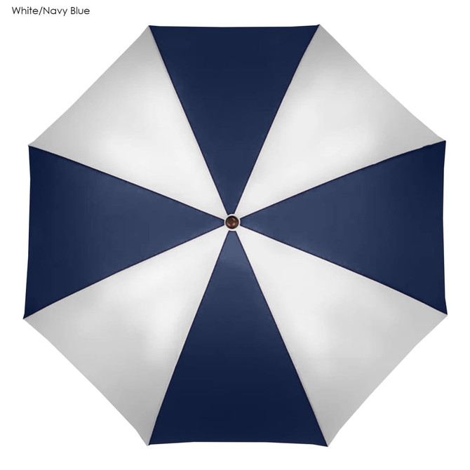 A navy blue and white golf umbrella with an octagonal design, featuring a central wooden handle and a logo.