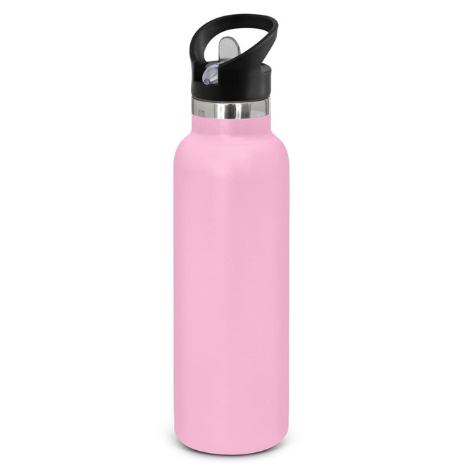 A drink bottle in a pastel pink powder-coated finish, featuring a black handle and a stainless steel lid.