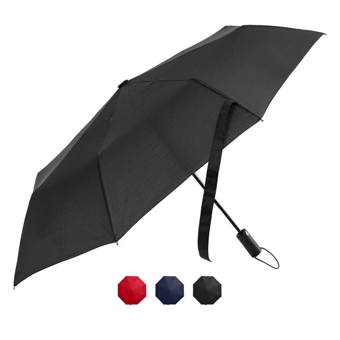 A black Windsor umbrella with a sleek design, featuring a handle and a logo. Available in multiple colours.
