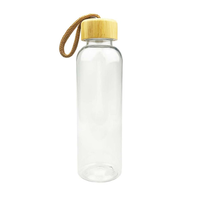 A drink bottle made of clear material with a bamboo lid and a brown rope strap.