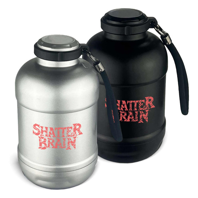 A drink bottle set featuring a silver and a black vacuum bottle, each with a handle and a logo.