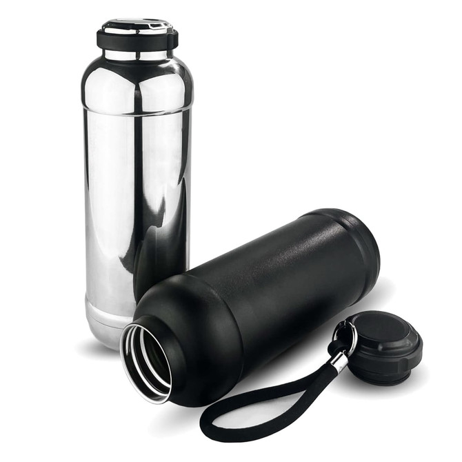 A drink bottle set featuring a shiny silver bottle, a matte black bottle, and a black screw-on lid with a strap.