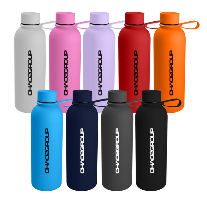 A drink bottle collection featuring a variety of colours including pink, purple, red, orange, blue, and black, with a logo.