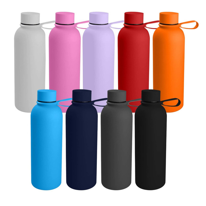 A drink bottle collection featuring various colours: grey, pink, purple, red, orange, blue, navy, charcoal, and black. Each has a logo.