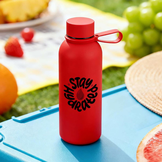 A drink bottle in vibrant red with a logo, featuring a single wall design and an easy-to-hold loop.
