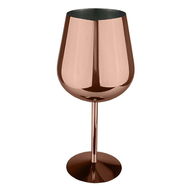A stainless steel wine glass in a shiny rose gold finish with a modern, sleek design.