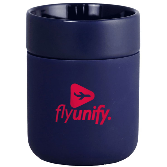 A drink bottle featuring a navy ceramic tumbler with a silicone wrap and a logo on the front.