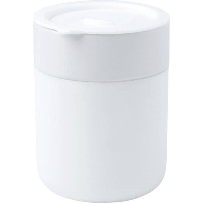 A ceramic tumbler in white with a silicone wrap, featuring a lid, suitable for beverages.