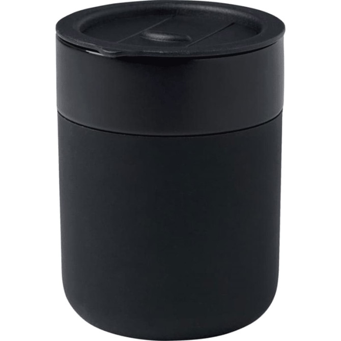 A ceramic tumbler in black, featuring a silicone wrap and a secure lid. It has a sleek, modern design.