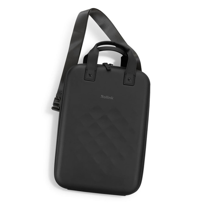 A black laptop case with a textured surface, featuring a handle and adjustable shoulder strap. It has a logo on the front.
