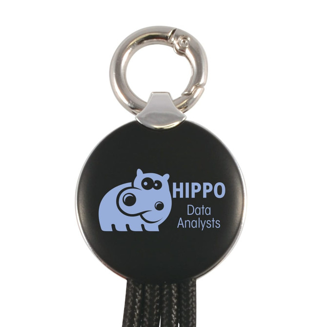 A round black keychain with a silver keyring, featuring a blue hippo design and the text "HIPPO Data Analysts."