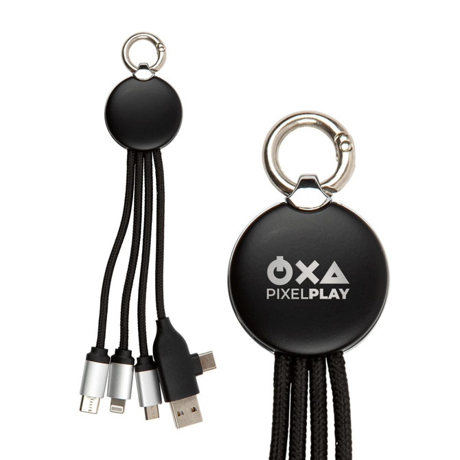 A Kinetic Round Glow Cable in black, featuring multiple charging connectors and a loop for easy attachment.