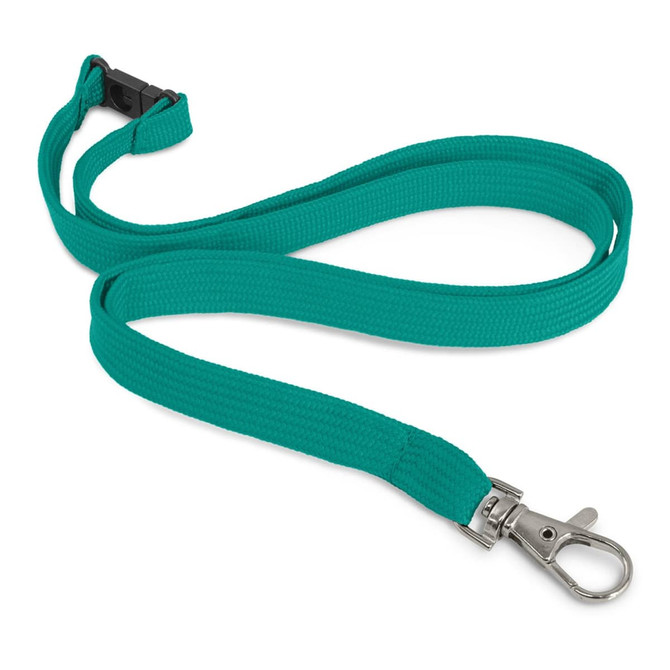 A custom printed lanyard in teal, featuring a metal clip and a plastic buckle for attachment.