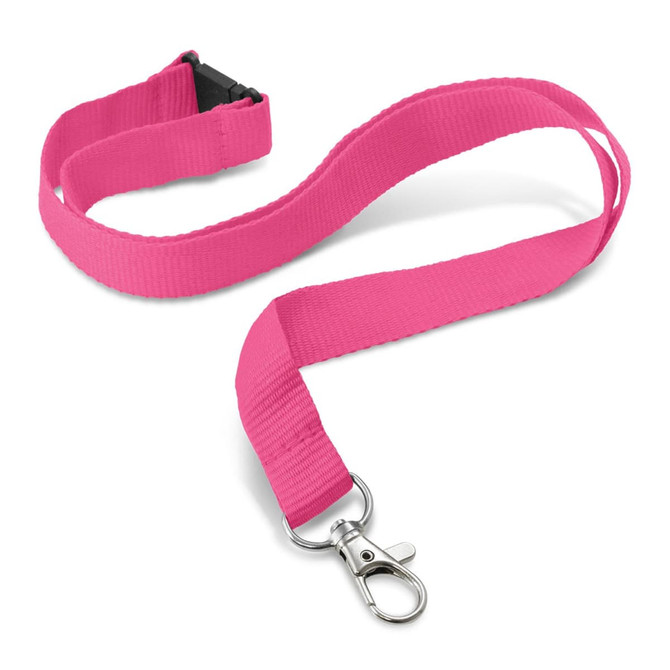 A custom printed lanyard in bright pink, featuring a clip for attachment and a sturdy buckle.