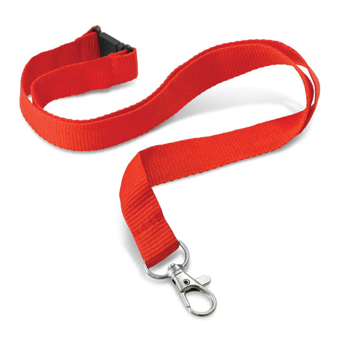 A red custom printed lanyard, 16mm wide, featuring a swivel clip and a buckle. It includes branding elements.