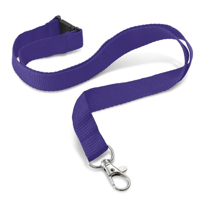 A purple lanyard with a silver clip and a plastic buckle. The lanyard measures 16mm in width.