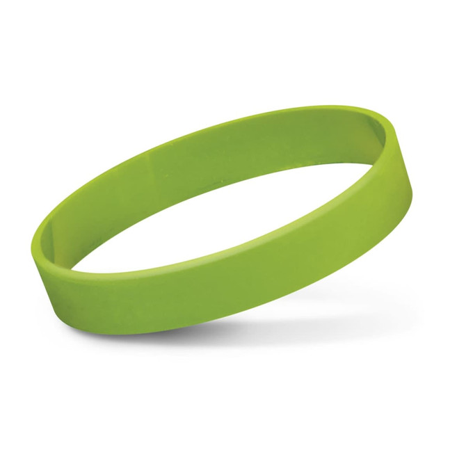 A green silicone wristband featuring a smooth surface and a subtle shine, with a logo visible on the side.