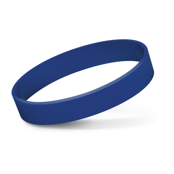 A blue silicone wristband with a smooth finish, featuring a logo. Suitable for exhibitions and events.