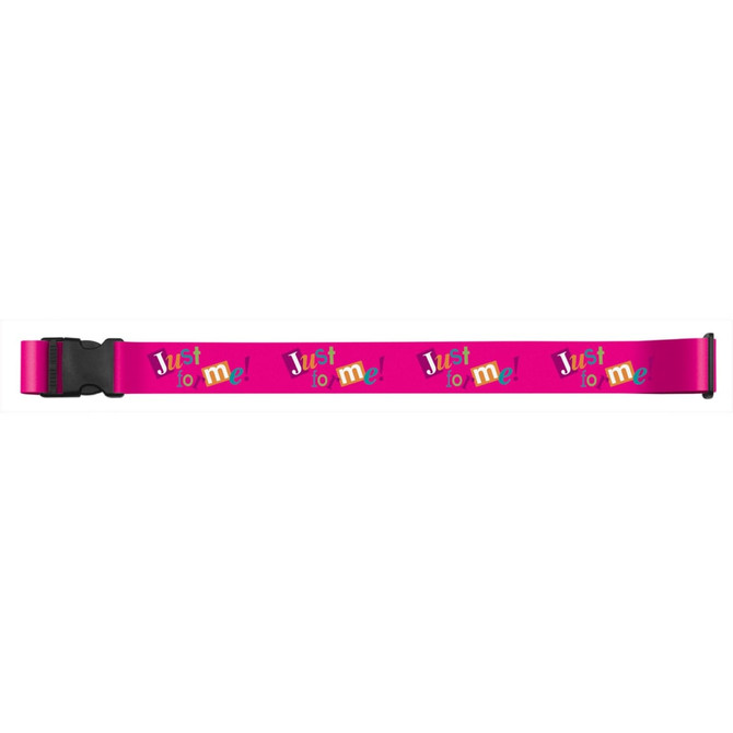 A pink luggage strap featuring a playful design with the words "Just lo me!" and a black buckle.