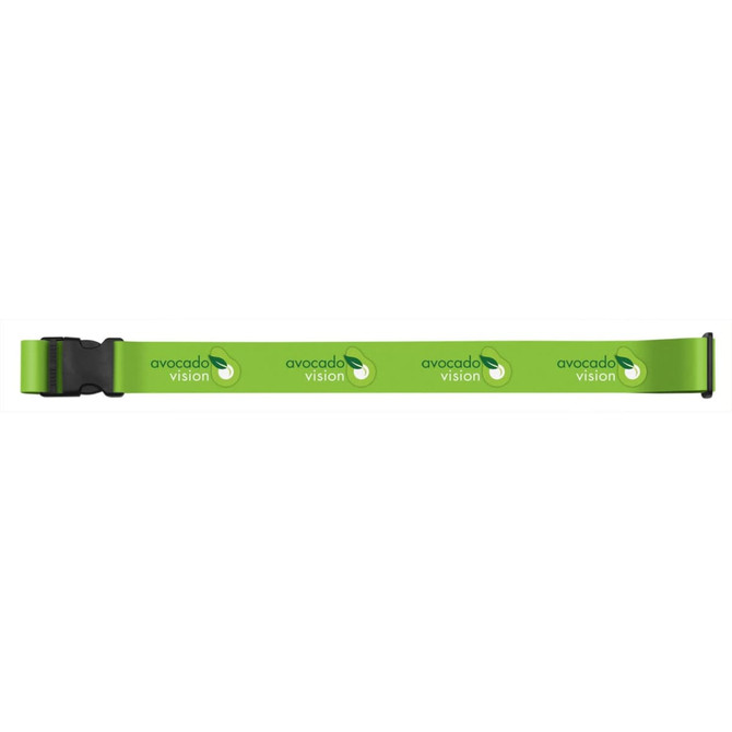 A vibrant green luggage strap featuring the logo "avocado vision" printed multiple times along its length.