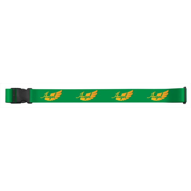 A green luggage strap featuring orange wing designs and a logo. Ideal for securing luggage.