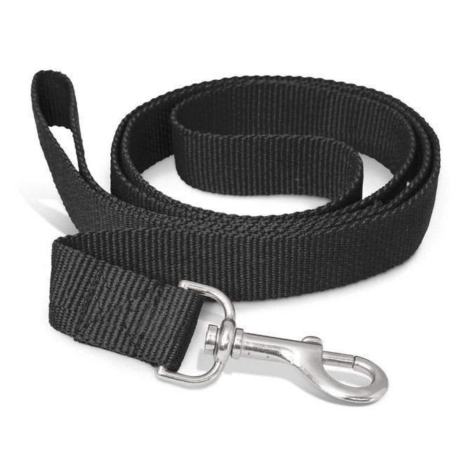 A Trek Dog Leash featuring a durable black fabric design with a metal clip for attachment.