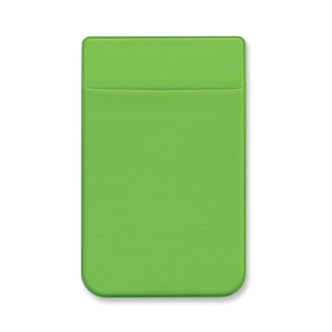 A green Lycra phone wallet featuring a single pocket and a smooth texture, with a branding logo.